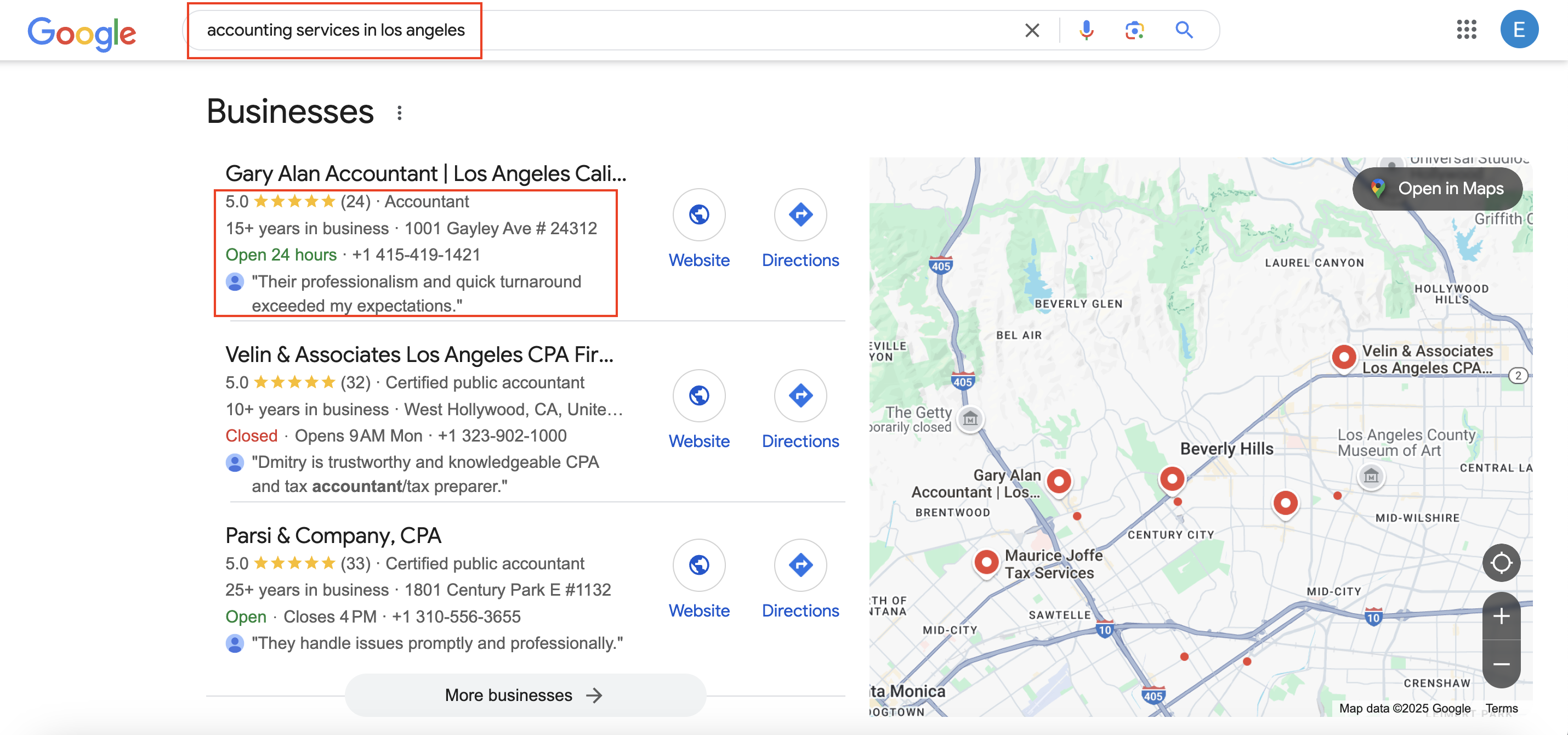 Local SEO search results example for accounting services